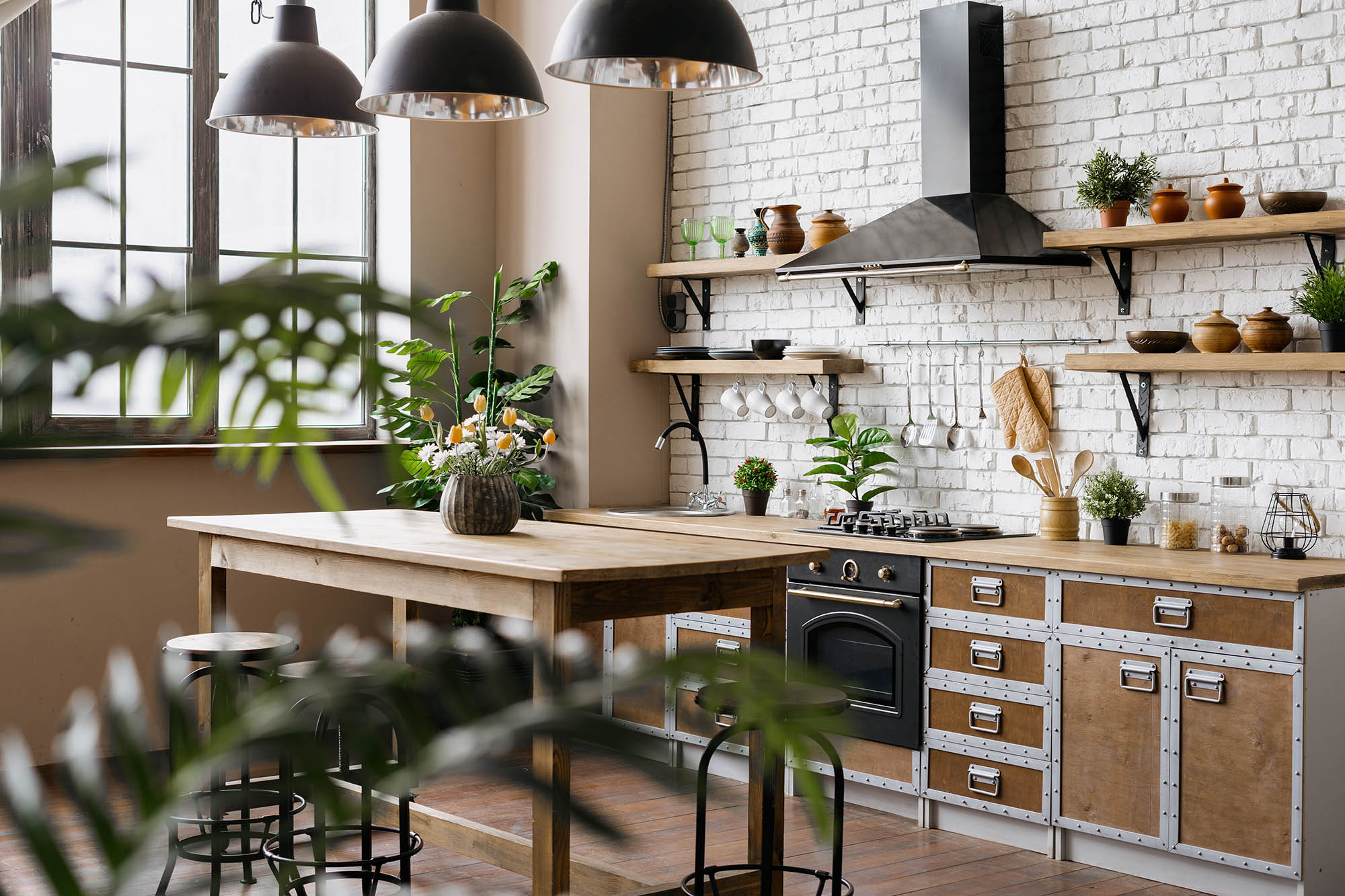 Side,View,Of,Wooden,Kitchen,With,Green,Houseplant,Decor,,New